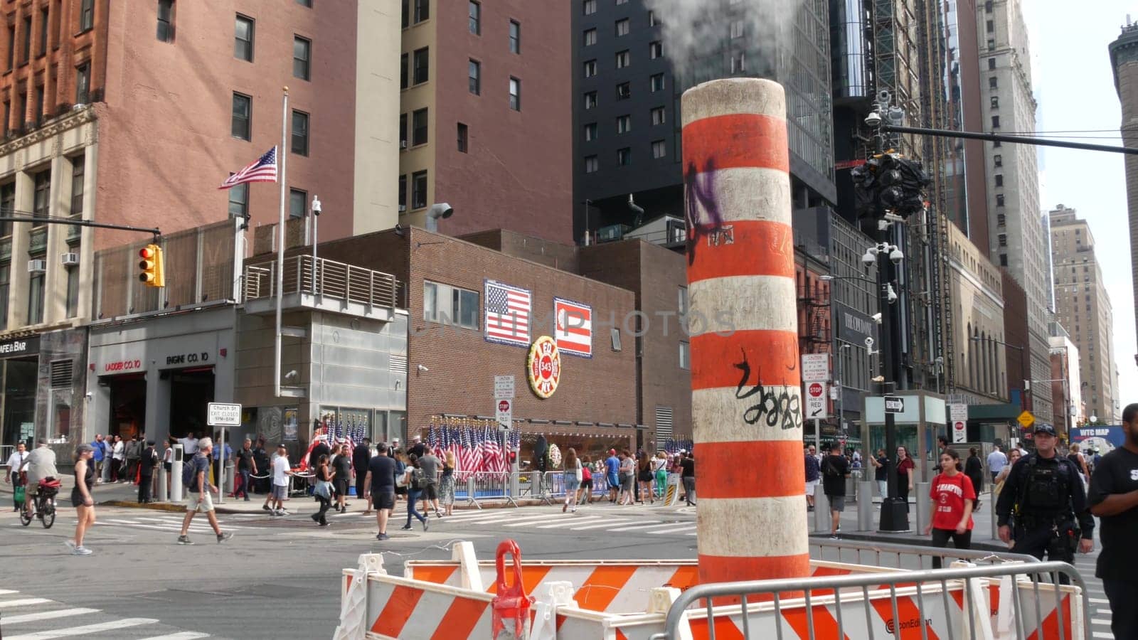 New York City, United States - 11 September 2023: Firefighters celebrate Patriot Day. 911 memorial remembrance event, FDNY commemorate anniversary. Fire Department Station, Manhattan 10 Ten Firehouse.