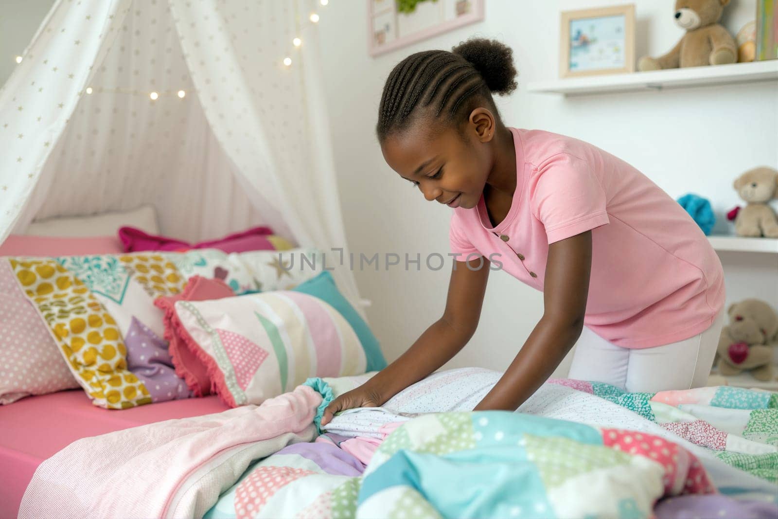 A girl is smiling as she makes her bed in a bright and cheerful bedroom filled with colorful pillows and decorations. Generative AI.