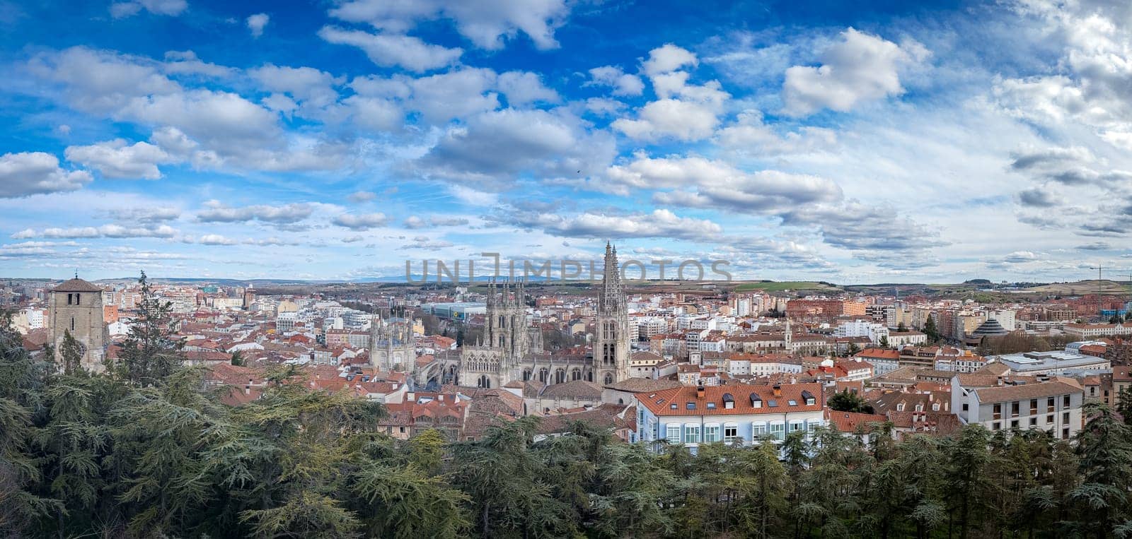 A stunning panoramic view of a historic city features a prominent Gothic cathedral under a vibrant sky with fluffy clouds. Burgos