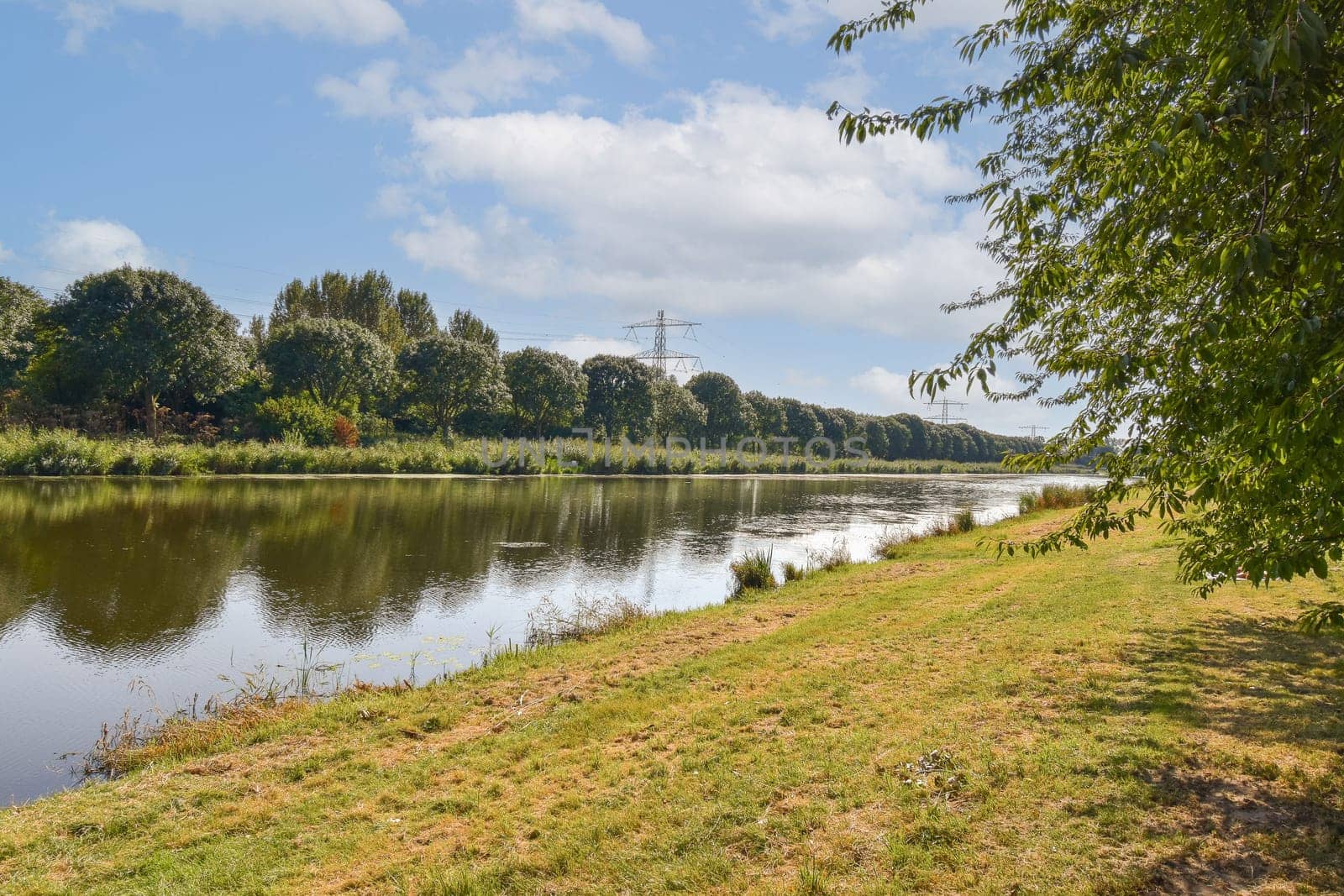 A tranquil river scene featuring lush greenery along the banks, reflecting the clear blue sky and fluffy clouds, creating a peaceful atmosphere.