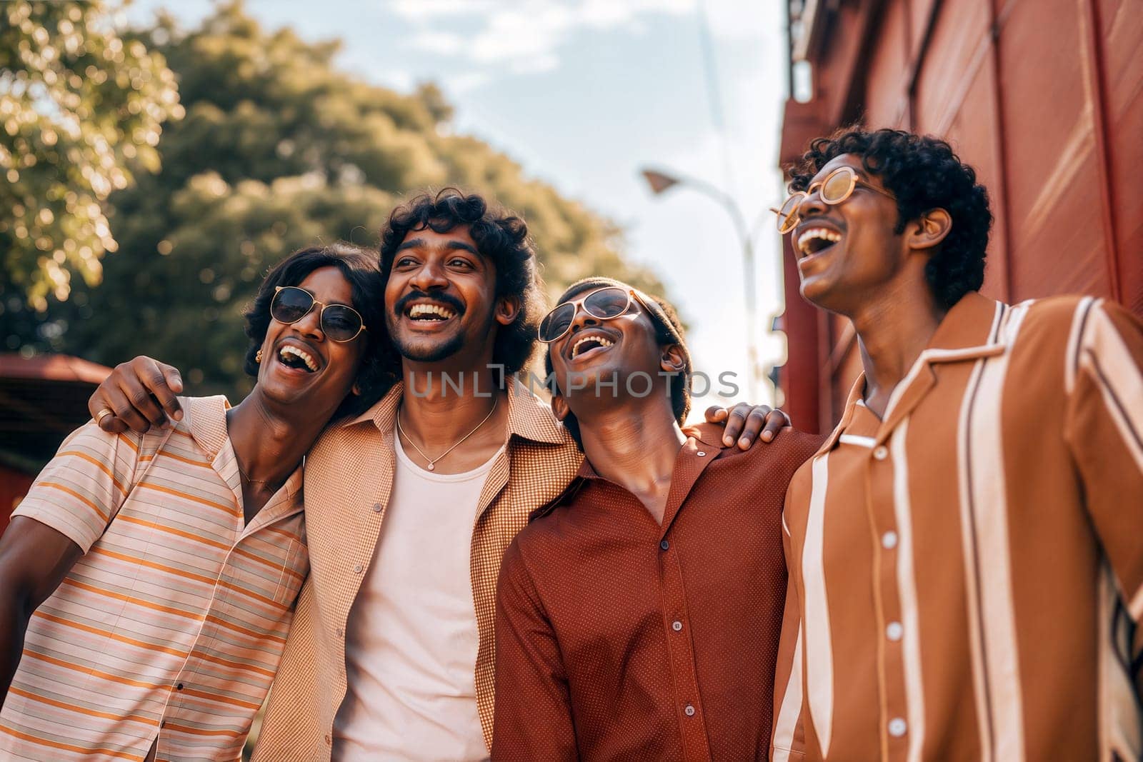 Group of Four indian friends are laughing and posing together in an outdoor location, showcasing their camaraderie under a sunny sky. Generative AI.