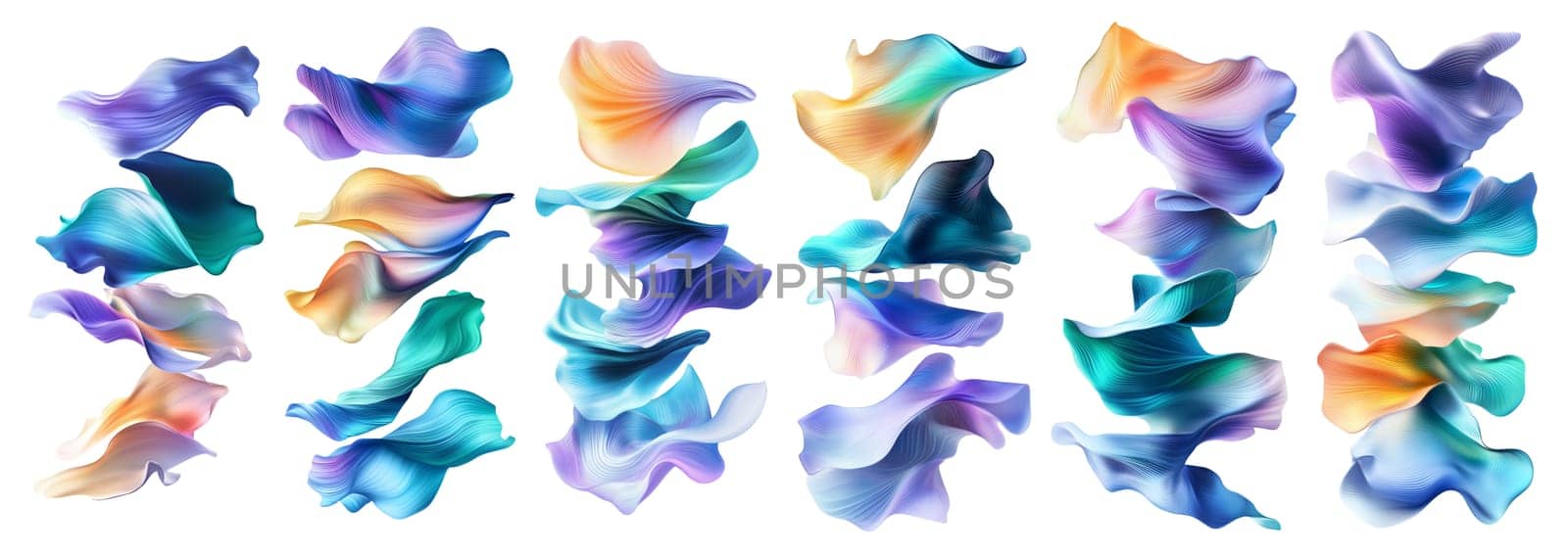 Dynamic shapes and forms swirl in a captivating display of colors, blending and overlapping to create a stunning visual experience rich in texture and movement.