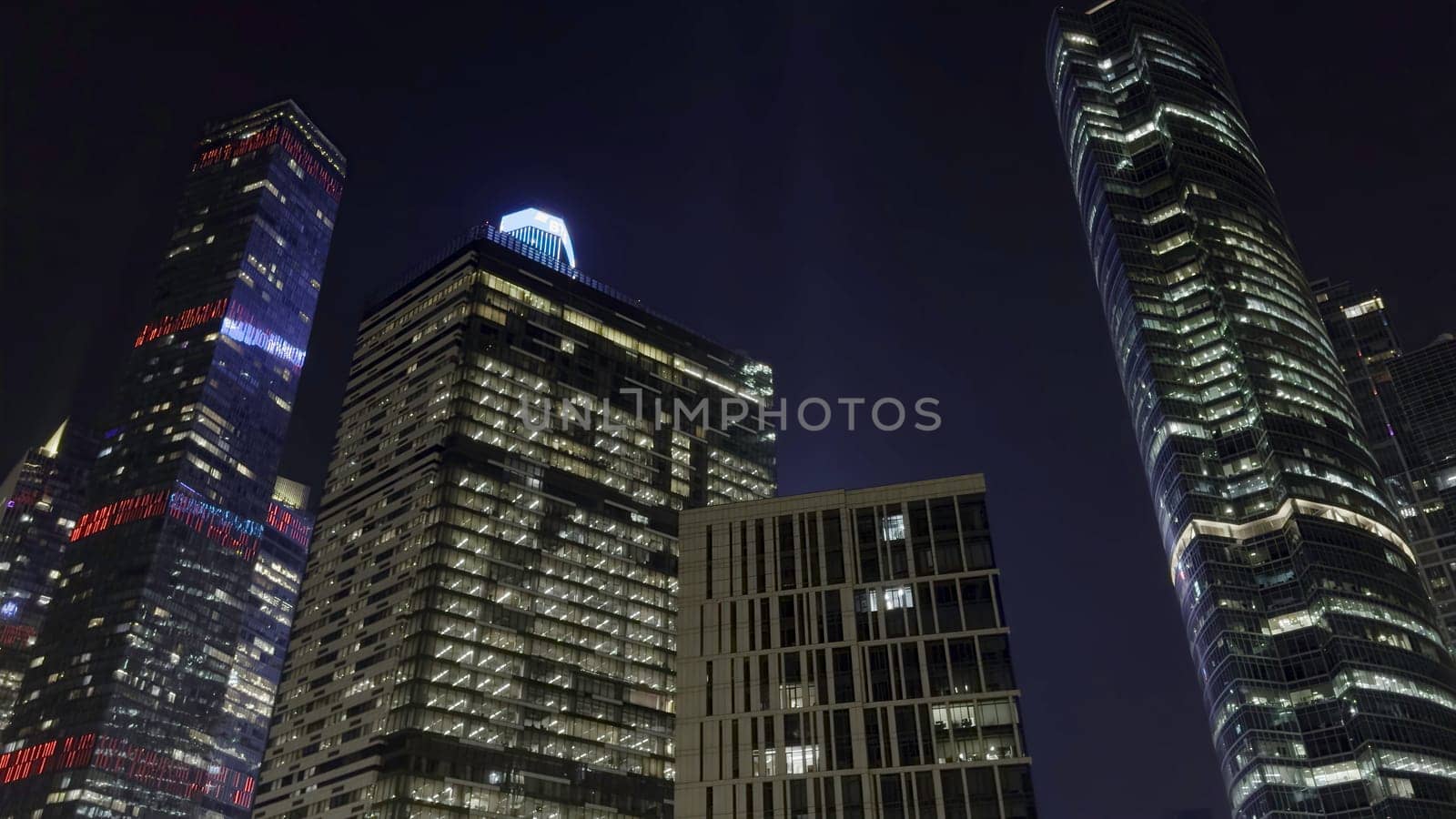 Six different views of the moscow international business center skyscrapers at night