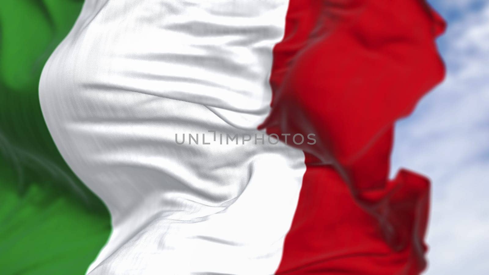 Close-up view of Italy's tricolor flag rippling outdoors against a blue sky, symbolizing pride, freedom, unity, and national identity. 3D realistic illustration of fabric texture and colors