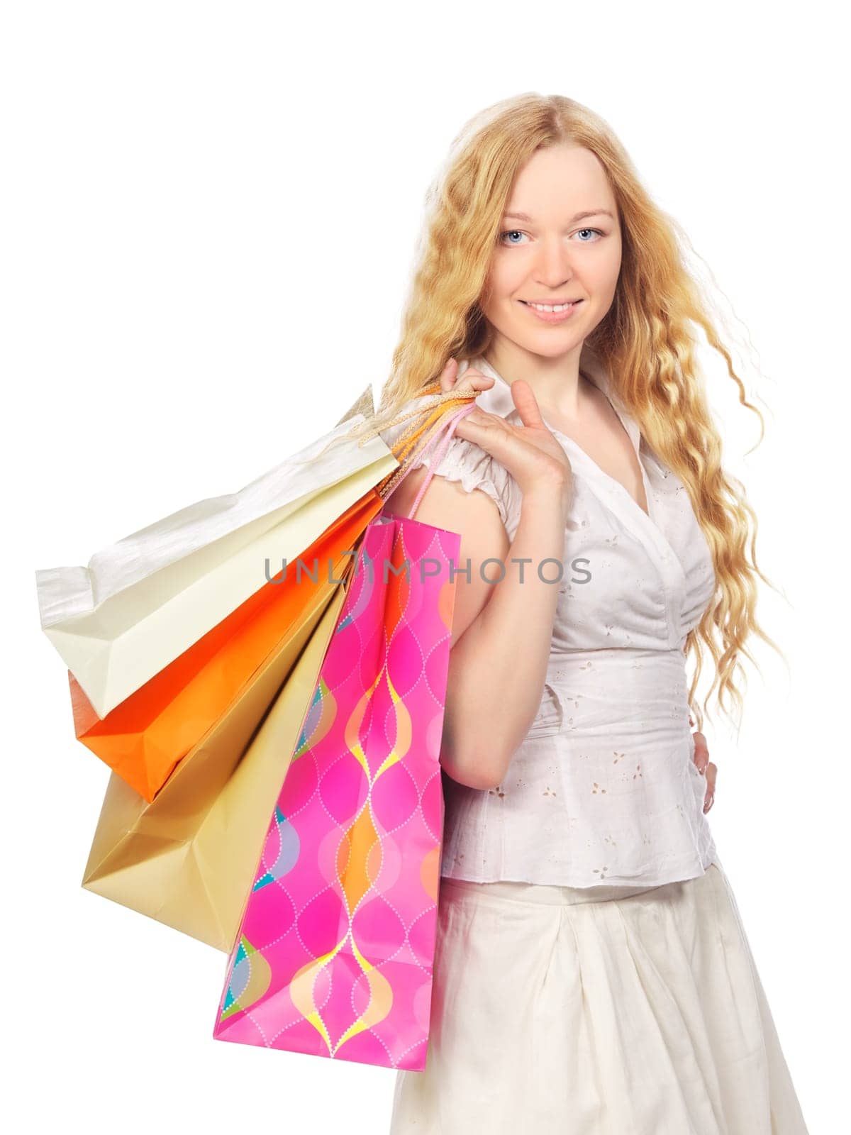 happy girl with shopping bags, isolated on white