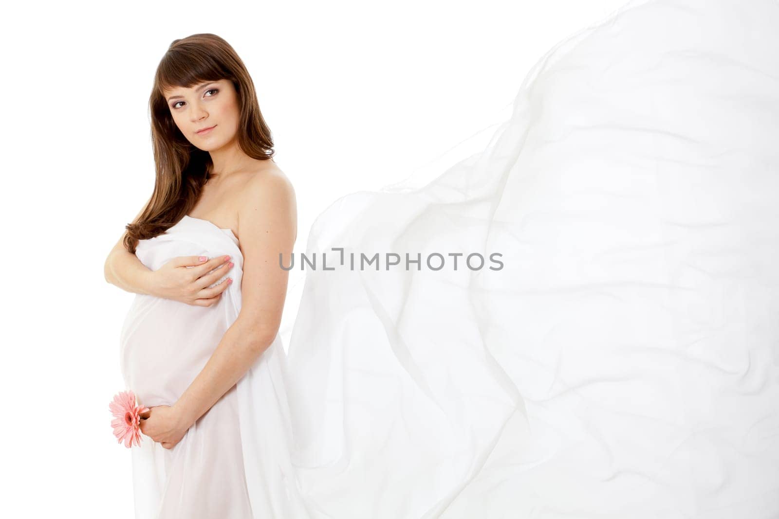 pregnant woman (28 week) with white chiffon shawl