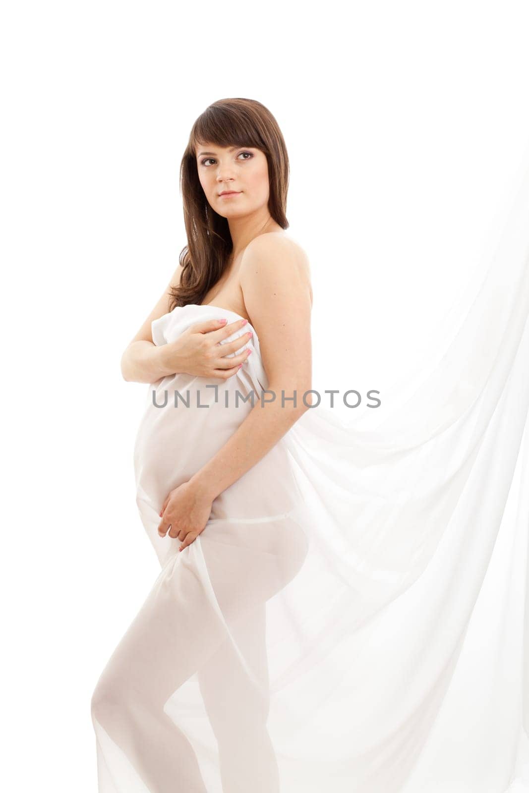 pregnant woman (28 week) with white chiffon shawl