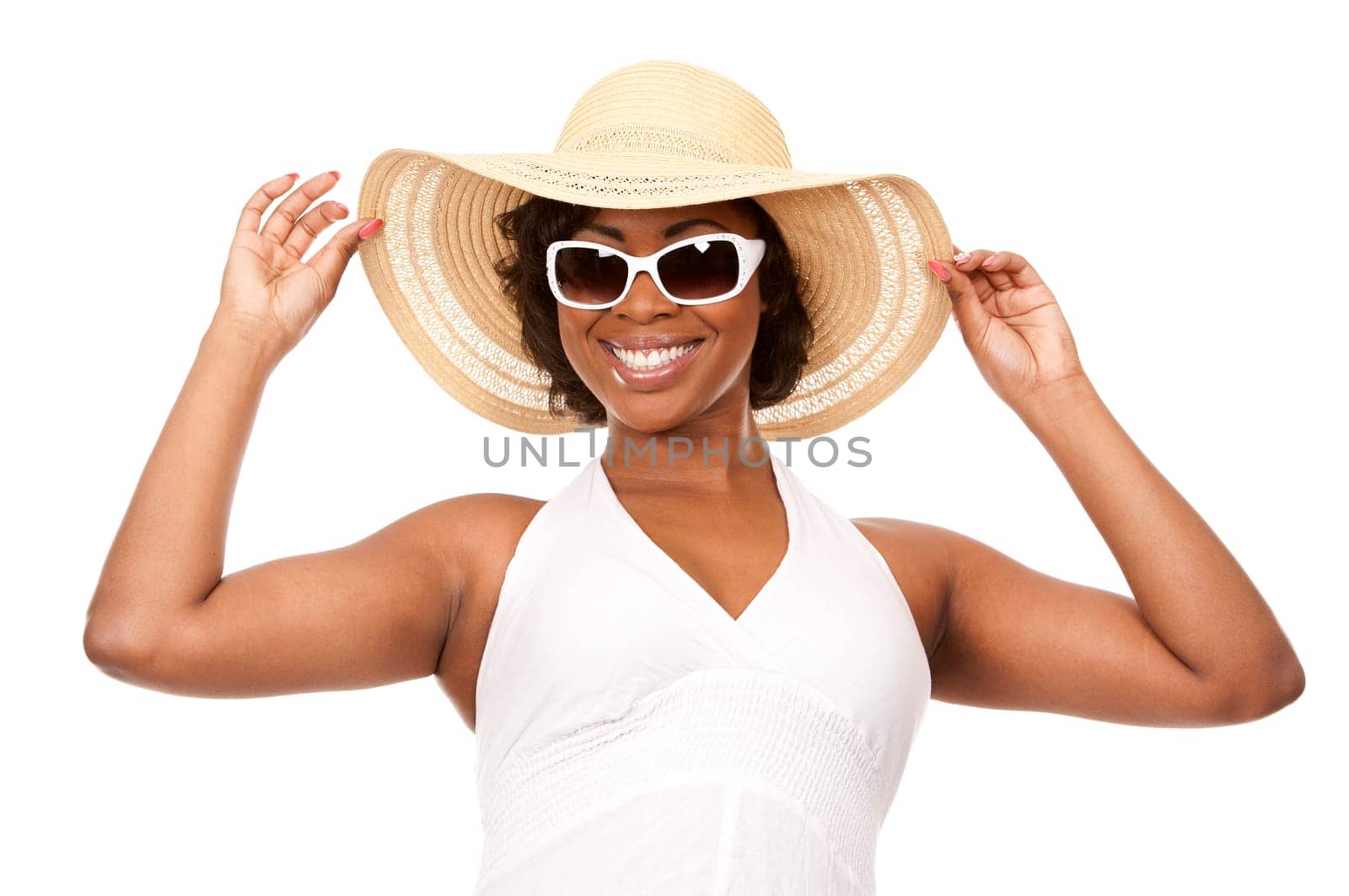 pretty black woman wearing white summer outfit on white background