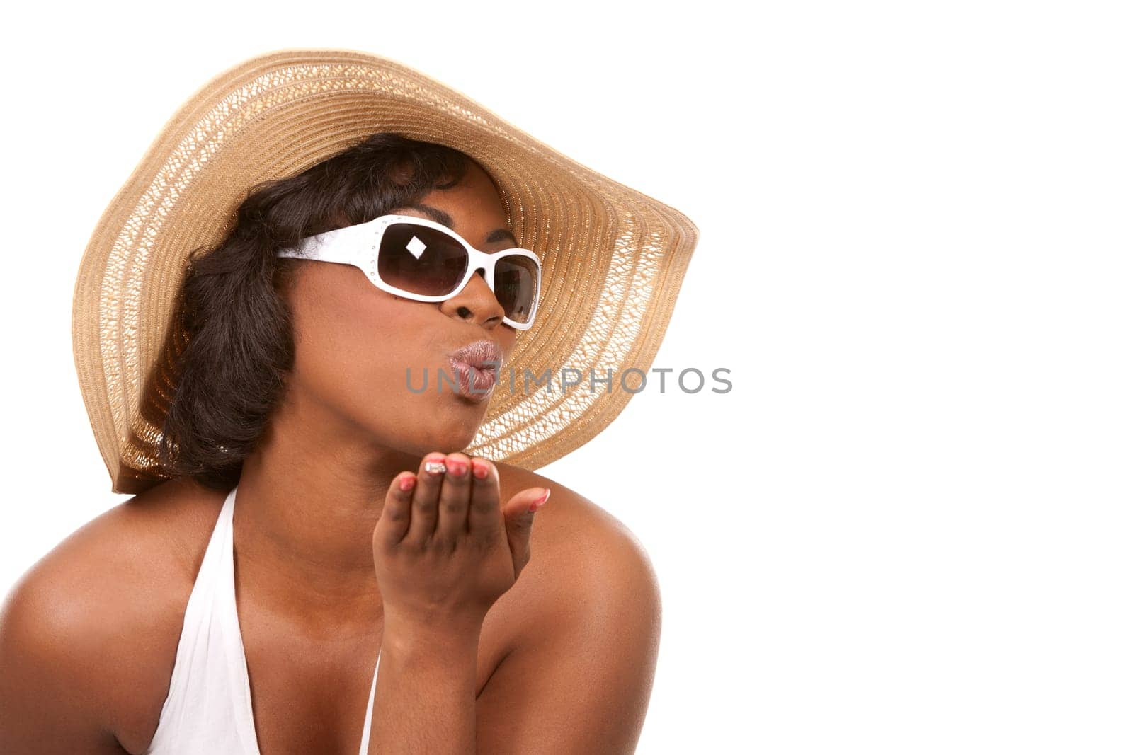 pretty black woman wearing white summer outfit on white background