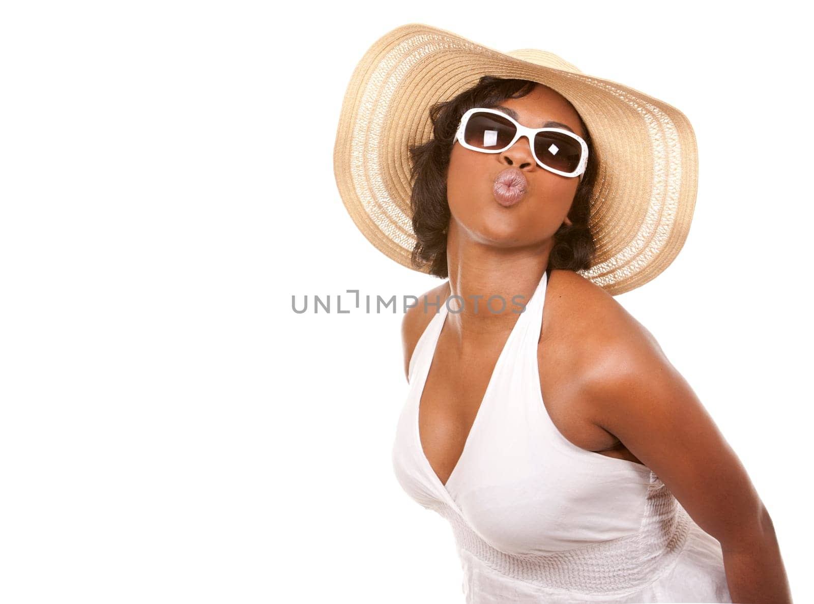 pretty black woman wearing white summer outfit on white background