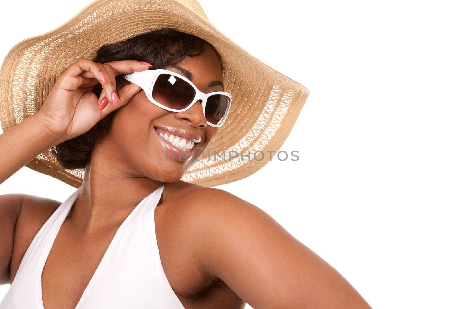 pretty black woman wearing white summer outfit on white background
