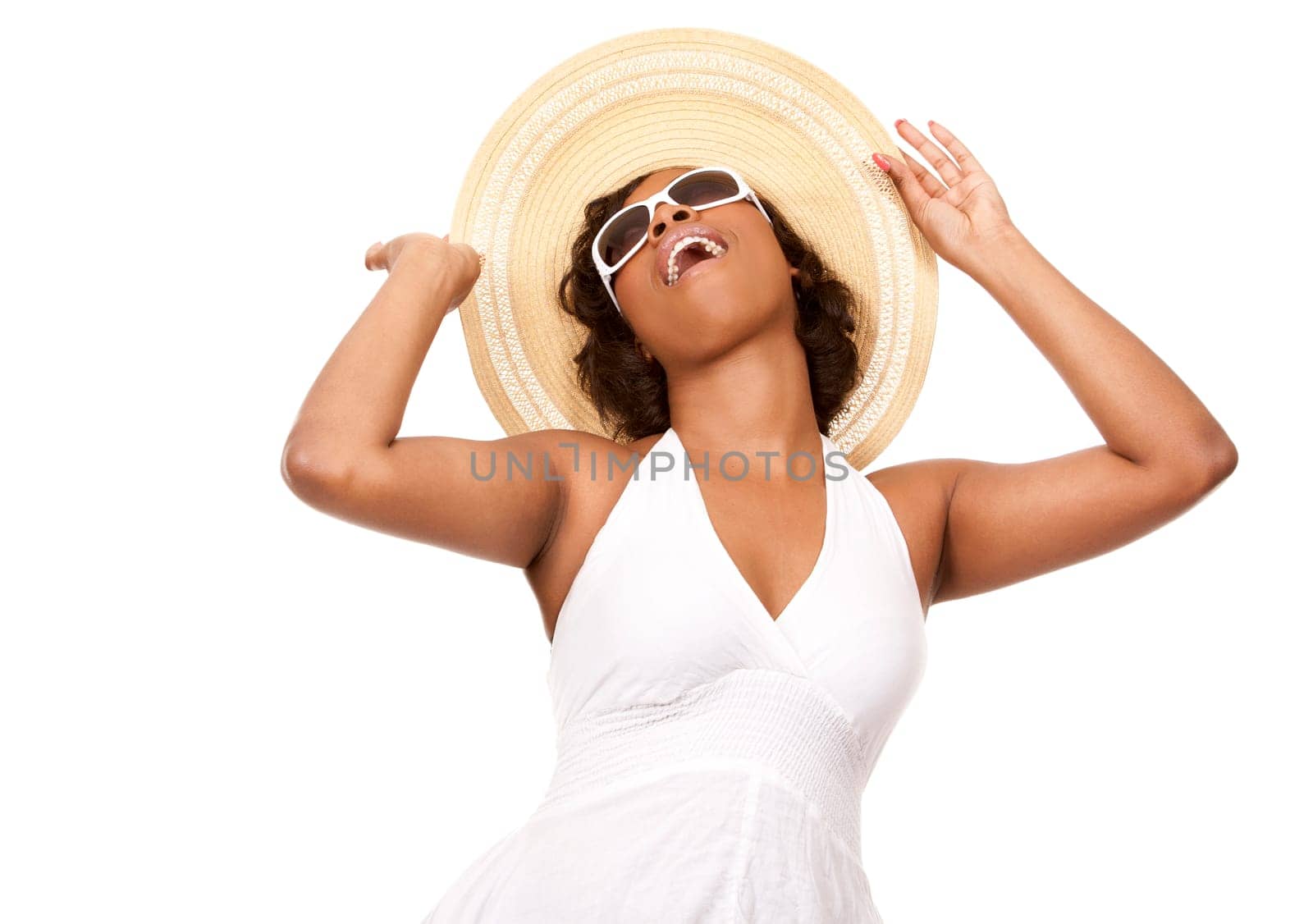 pretty black woman wearing white summer outfit on white background