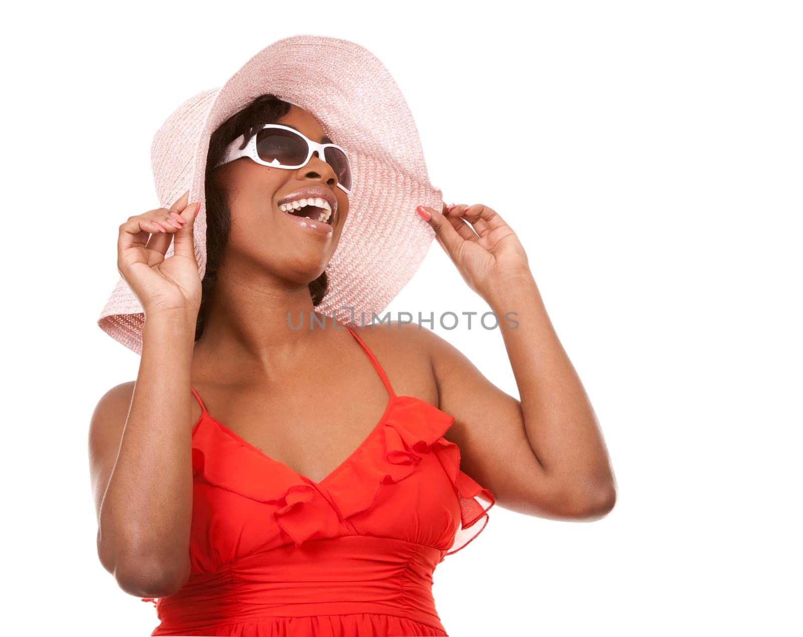 pretty black woman wearing white summer outfit on white background
