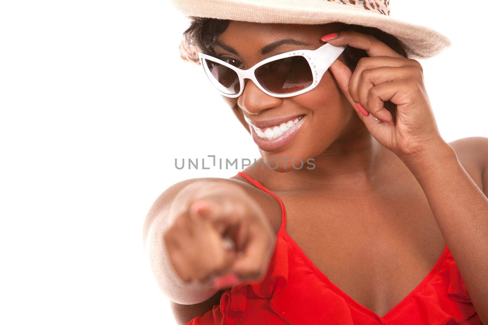 pretty black woman wearing white summer outfit on white background