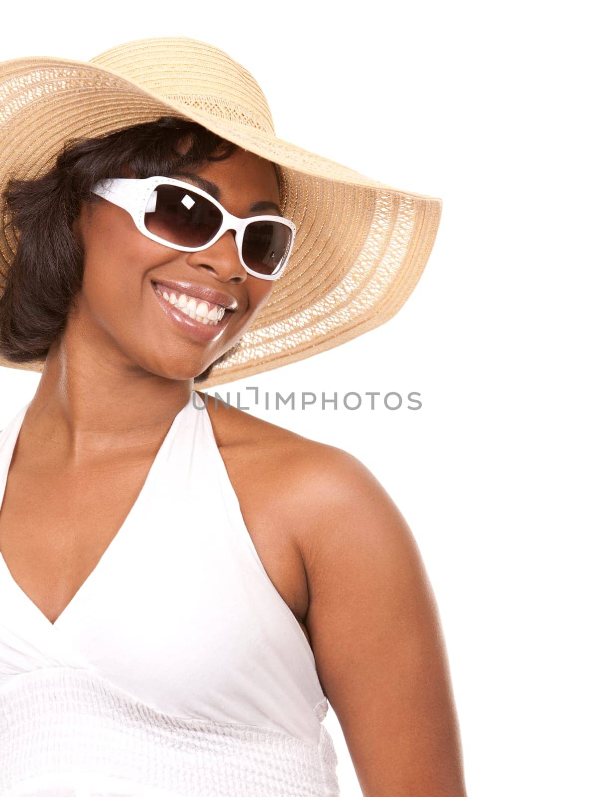 pretty black woman wearing white summer outfit on white background
