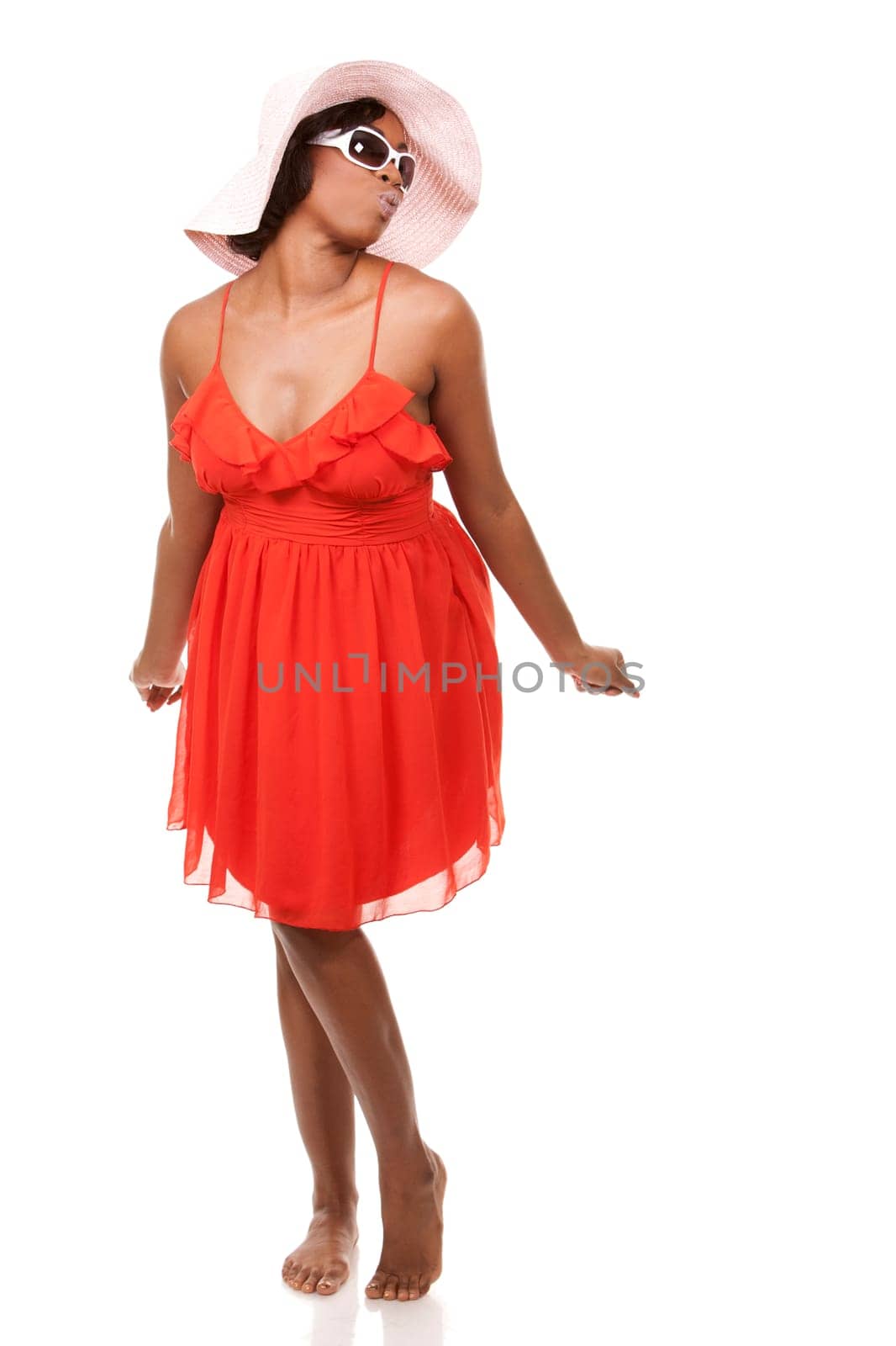 pretty black woman wearing white summer outfit on white background