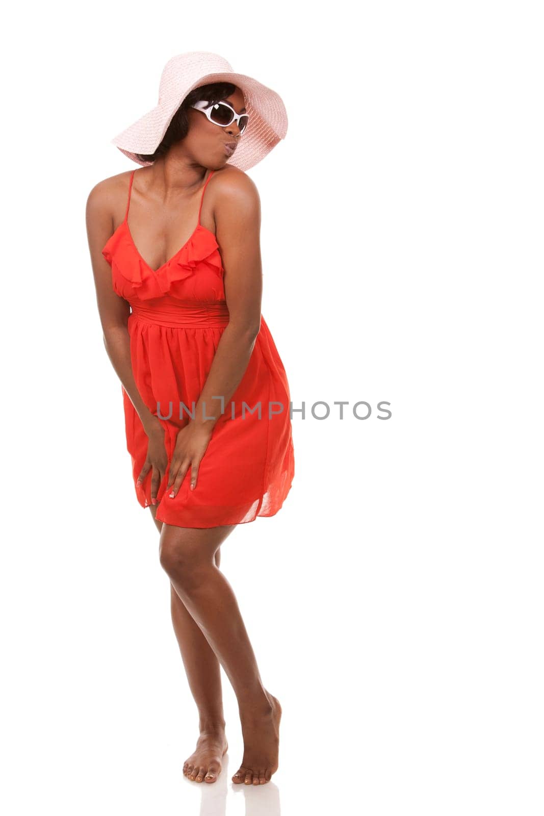 pretty black woman wearing white summer outfit on white background