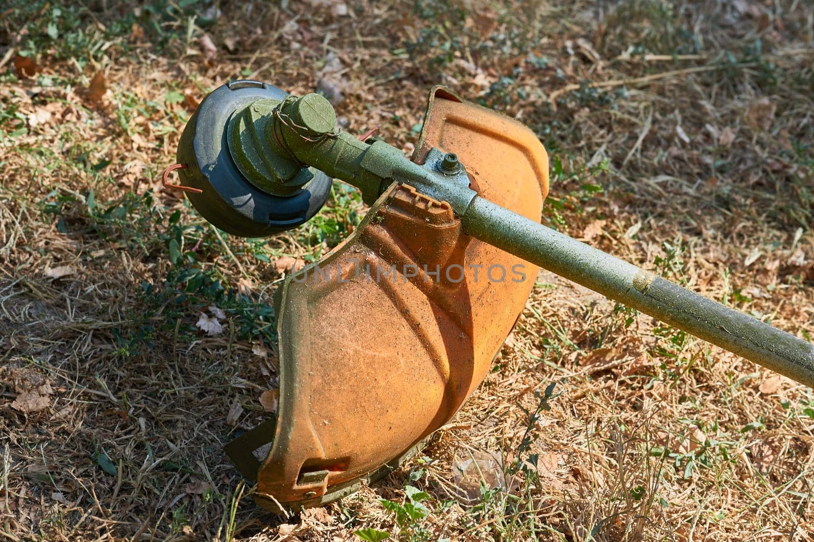 a handle electric or gasoline machine for cutting the grass on a lawn