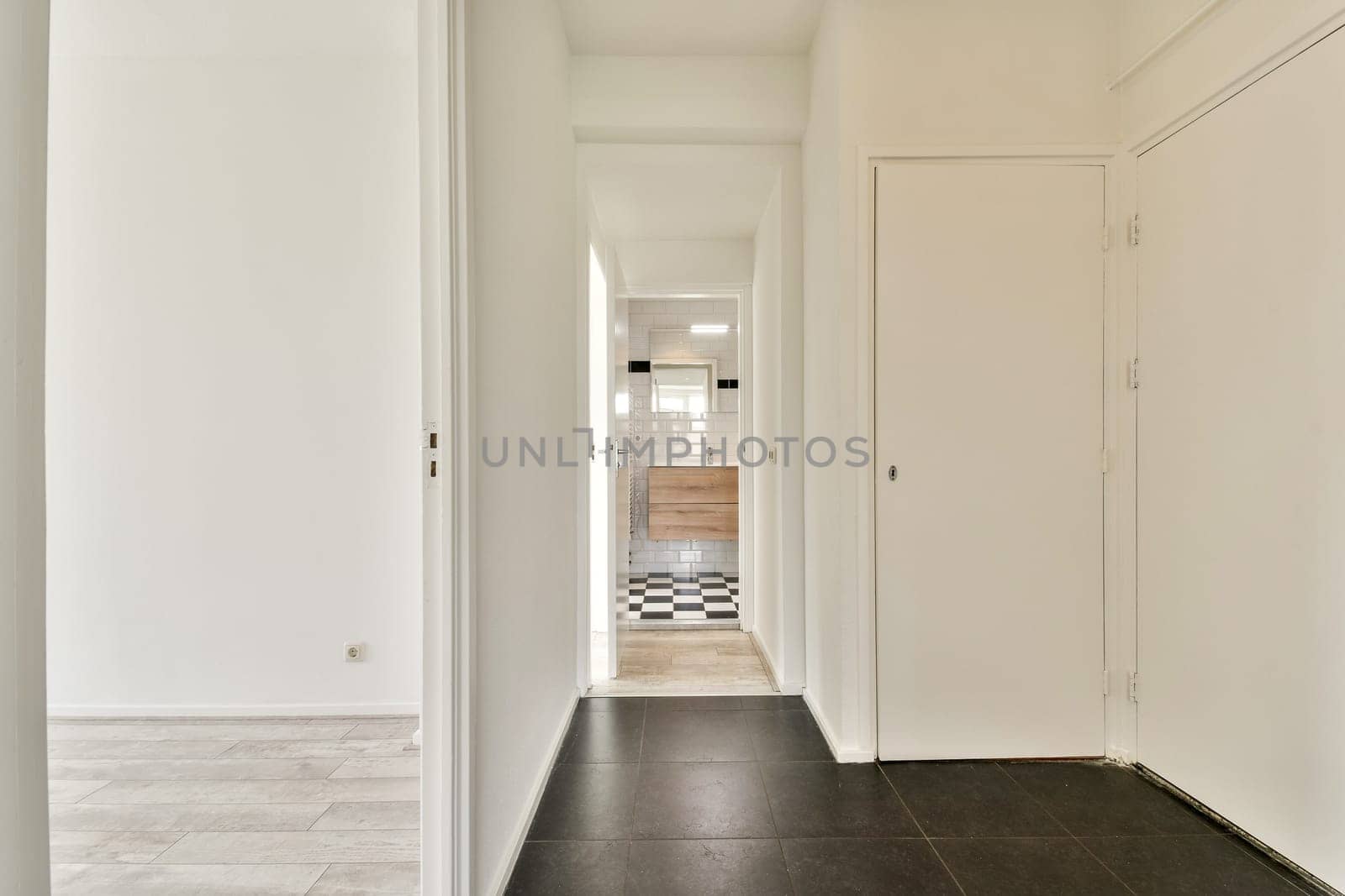 A sleek and modern hallway showcasing minimalist design elements. The space features a clear view into a stylish bathroom with clean lines and neutral colors.