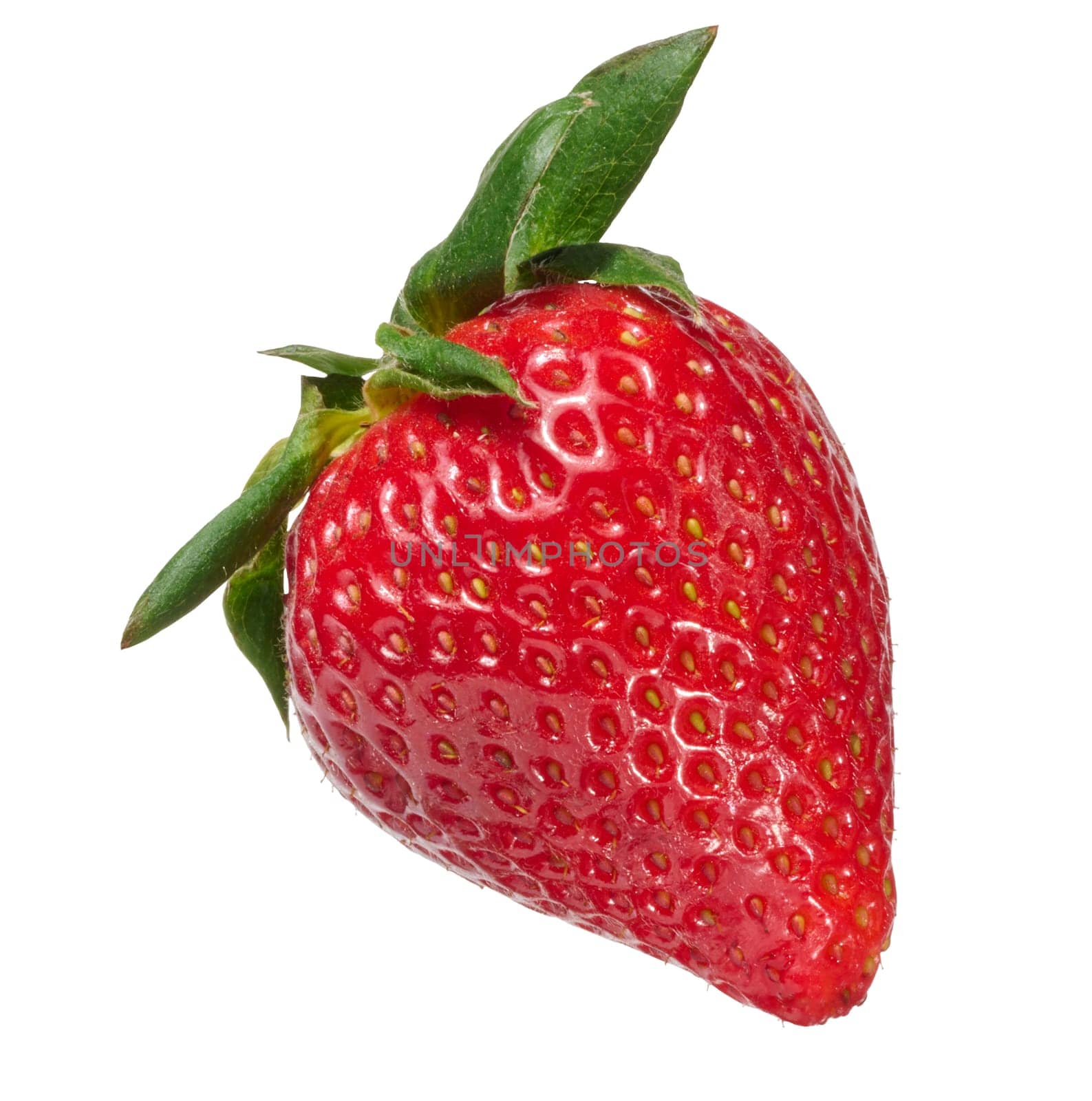  A single, red ripe strawberry with small yellow seeds and fresh green leaves, isolated background