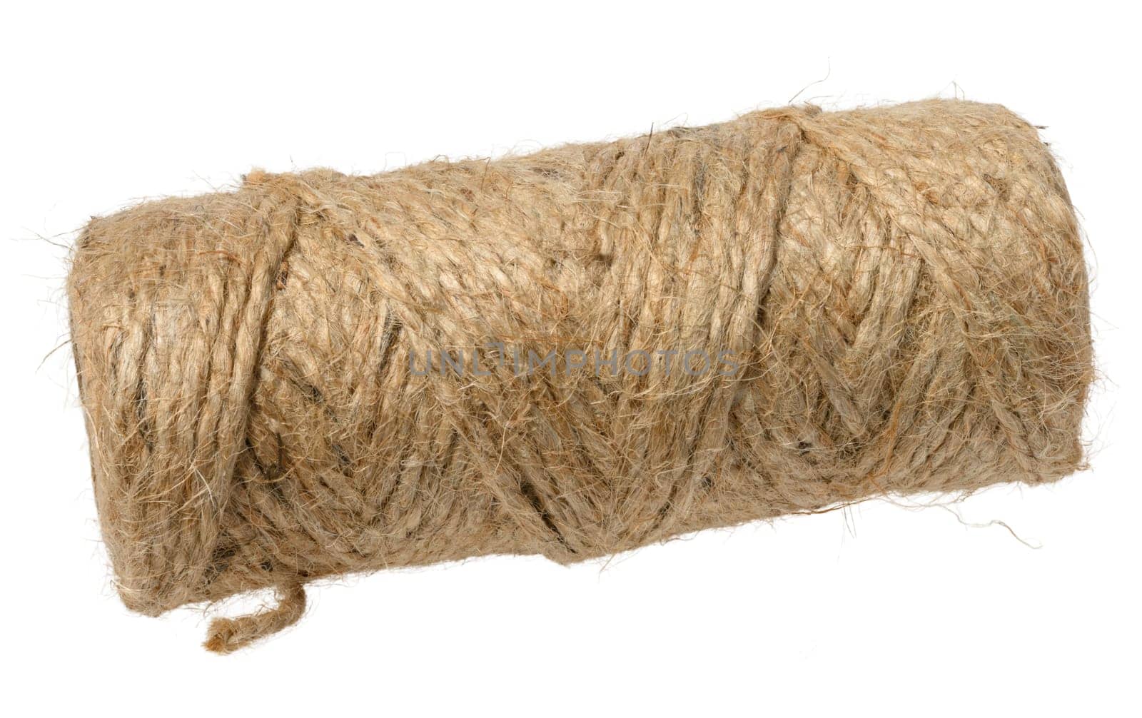 A tightly wound spool of rustic, light brown jute twine with visible fibers, isolated background