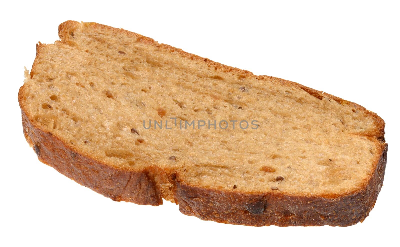 A single, slightly irregular slice of light brown whole grain bread with visible seeds and a textured crust, isolated background