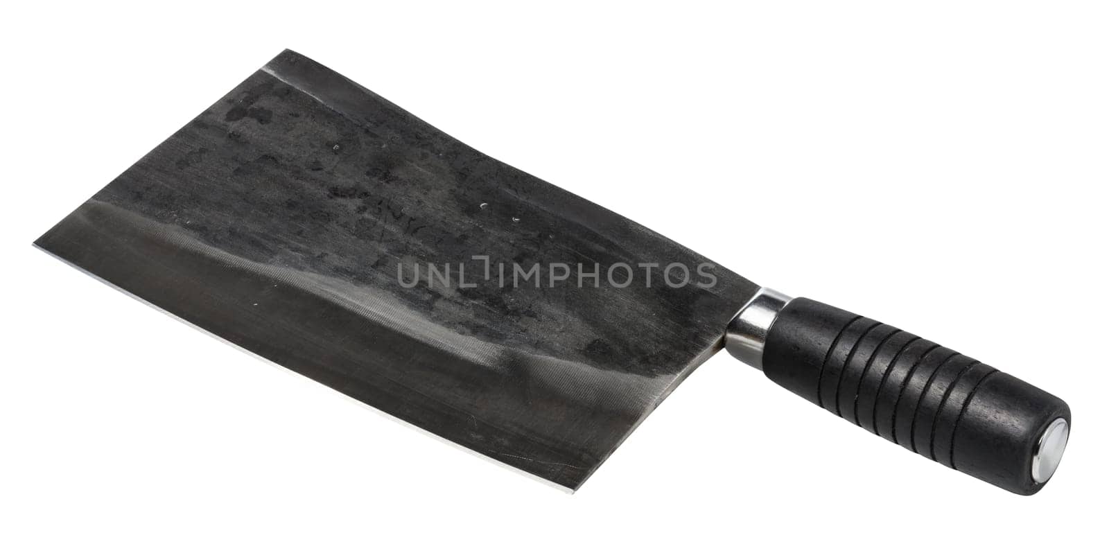 Large, heavy meat cleaver with a dark, textured blade and a black, ridged handle, isolated background. Cleaver has a sturdy and robust appearance