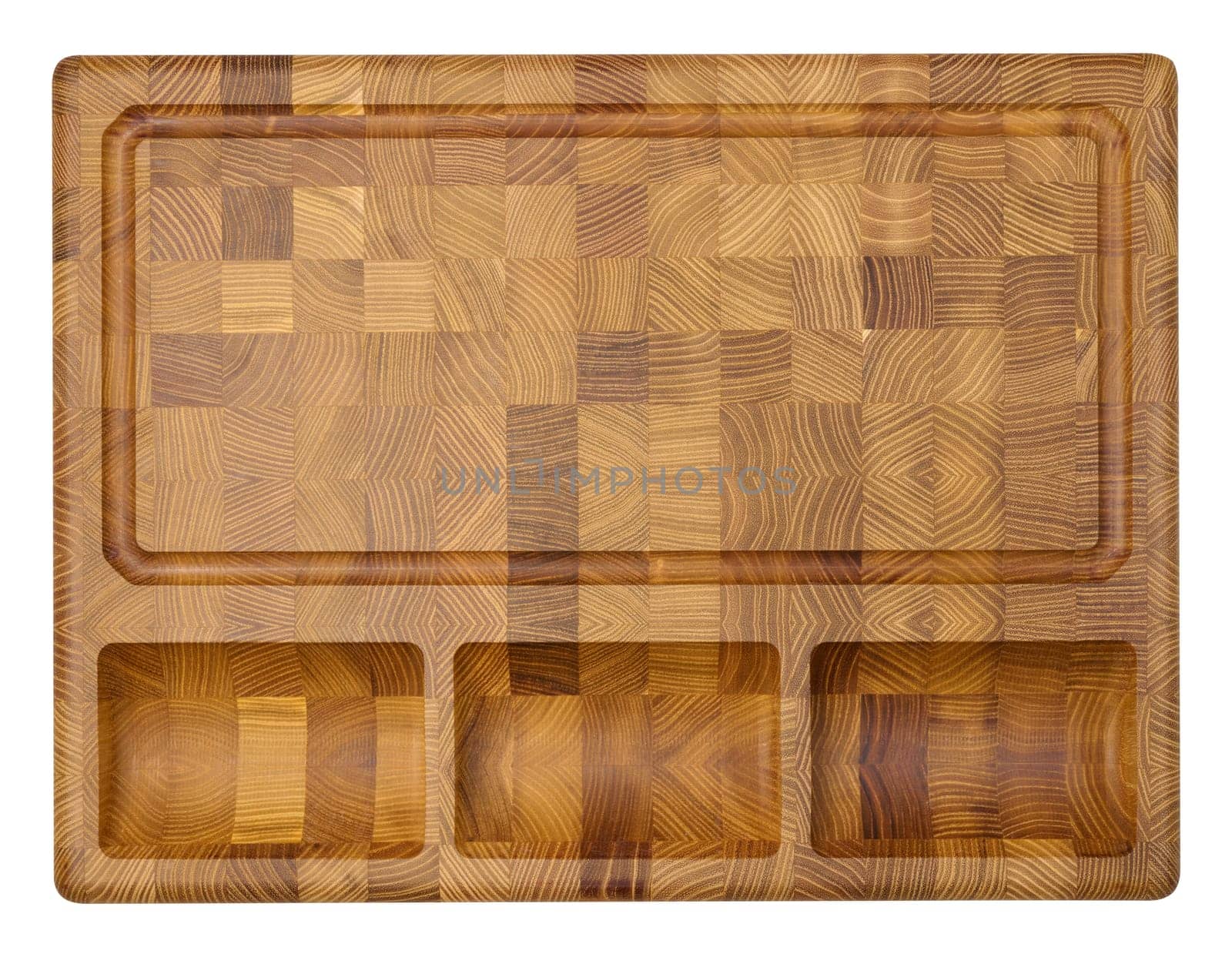 Rectangular cutting board made from end grain oak wood, isolated background. It features a recessed main cutting area and three smaller integrated trays along the bottom edge
