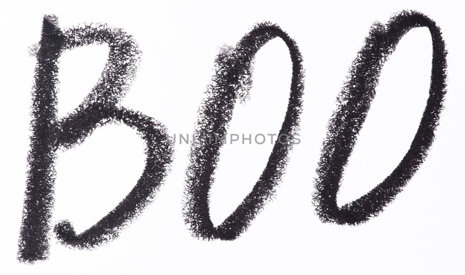 Word BOO written in thick, textured black crayon letters on a white background. The letters are large and slightly uneven