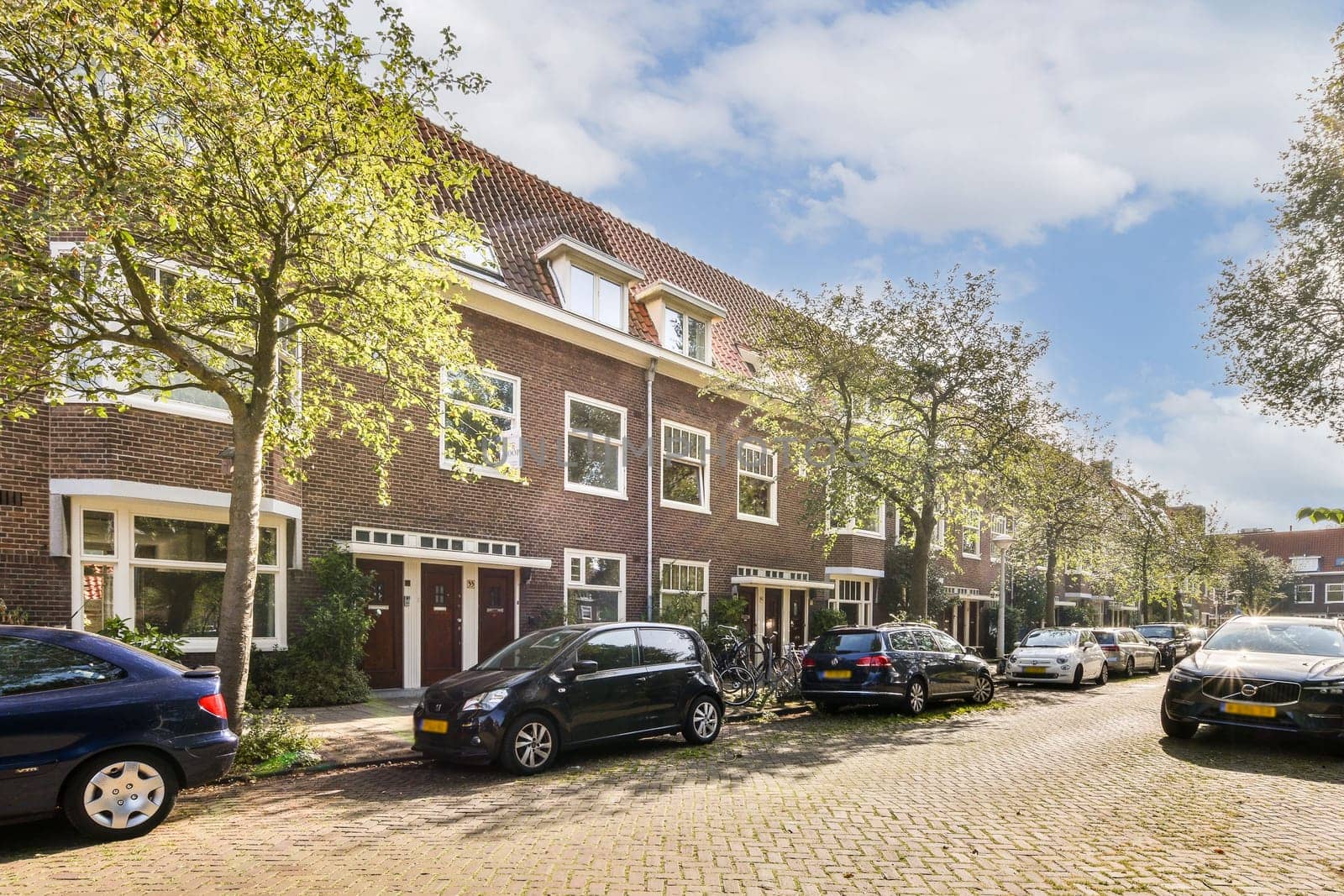 A picturesque view of a residential street on a sunny day, featuring charming houses, parked cars, and lush green trees lining the sidewalk.