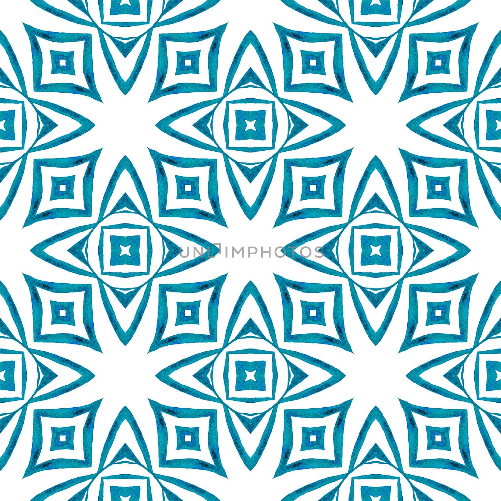 Medallion seamless pattern. Blue brilliant boho chic summer design. Watercolor medallion seamless border. Textile ready delicate print, swimwear fabric, wallpaper, wrapping.