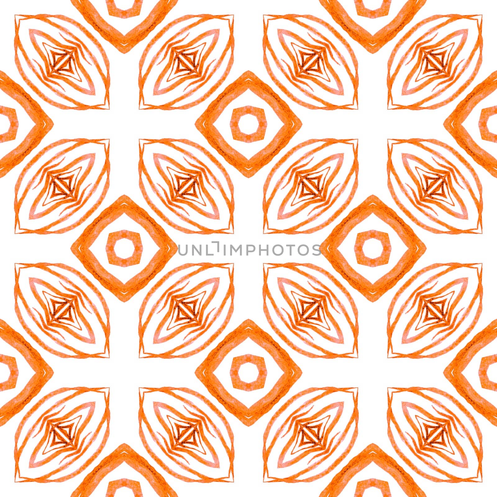 Textile ready bizarre print, swimwear fabric, wallpaper, wrapping. Orange stylish boho chic summer design. Green geometric chevron watercolor border. Chevron watercolor pattern.