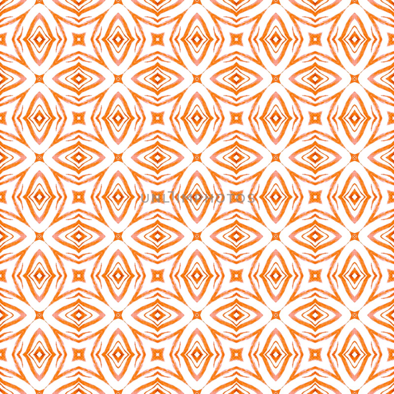 Watercolor medallion seamless border. Orange ecstatic boho chic summer design. Medallion seamless pattern. Textile ready glamorous print, swimwear fabric, wallpaper, wrapping.