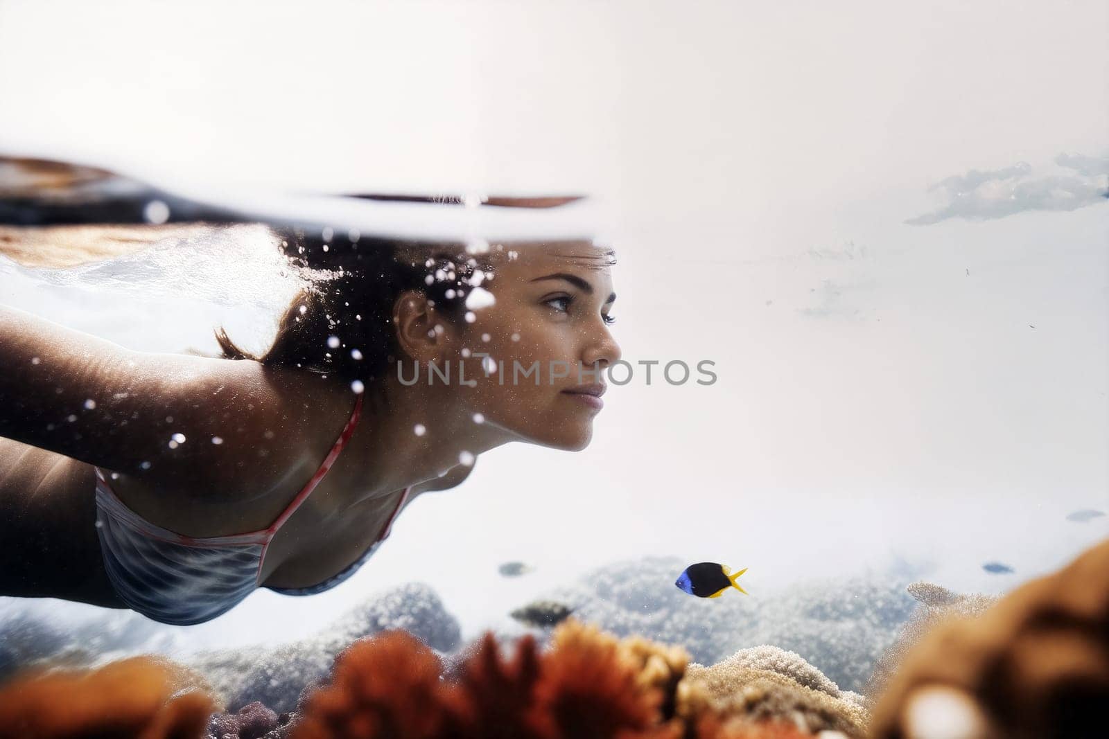 A young woman swims just below the surface, observing vibrant coral and small fish in warm tropical waters, enjoying a sunny day of adventure. Apnea activity. Generative AI.