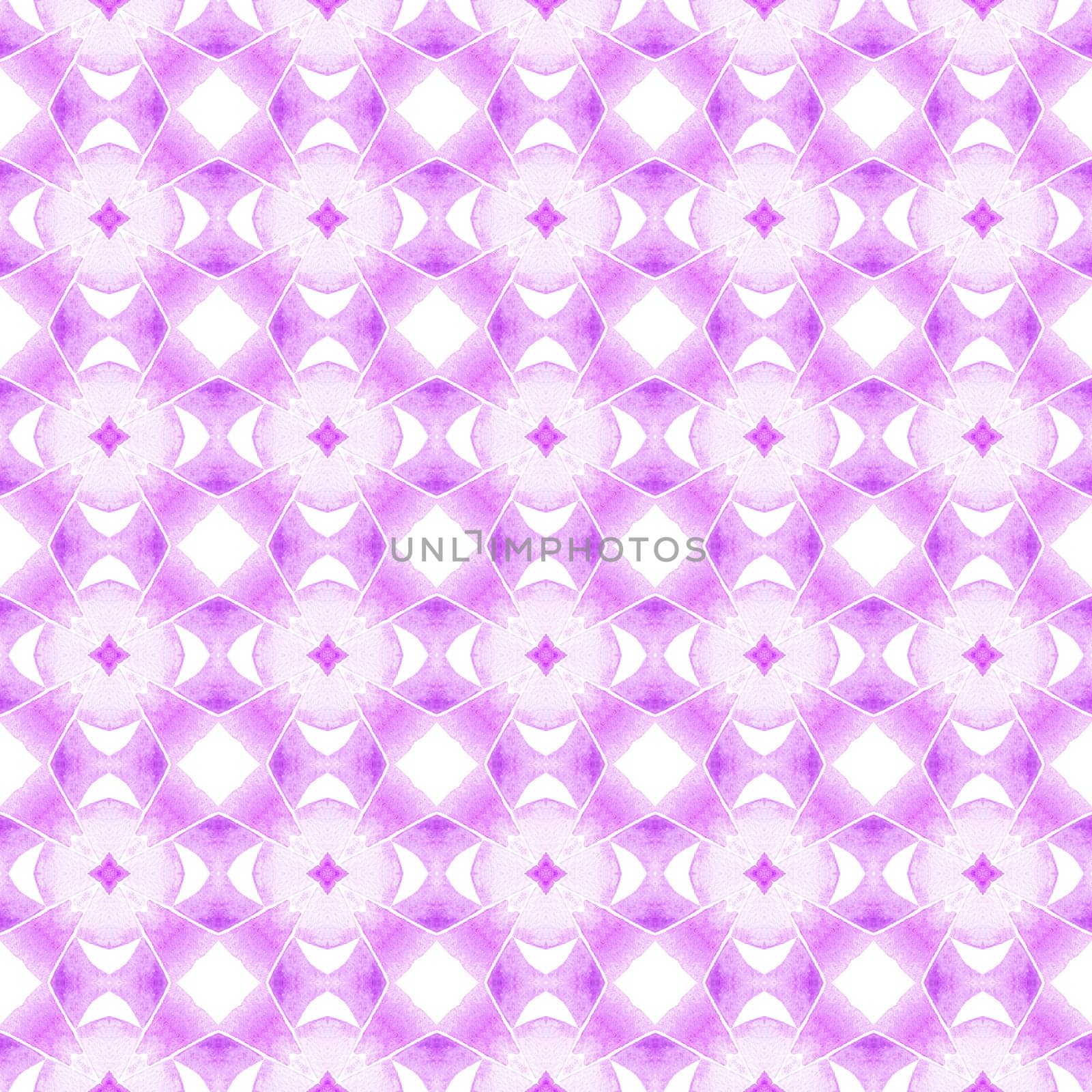 Ikat repeating swimwear design. Purple original boho chic summer design. Textile ready valuable print, swimwear fabric, wallpaper, wrapping. Watercolor ikat repeating tile border.