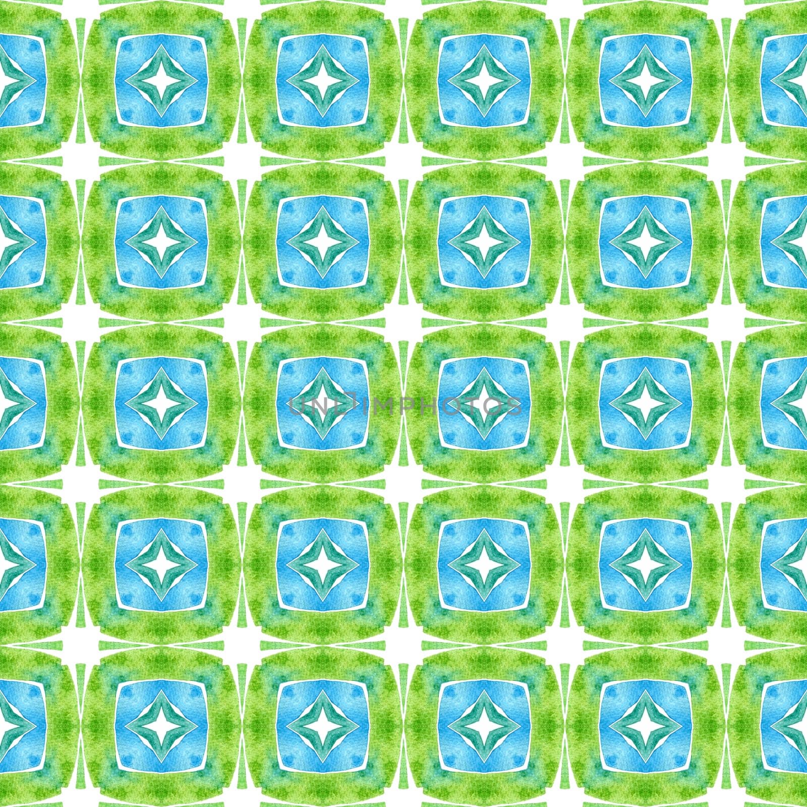 Textile ready sightly print, swimwear fabric, wallpaper, wrapping. Green glamorous boho chic summer design. Ethnic hand painted pattern. Watercolor summer ethnic border pattern.