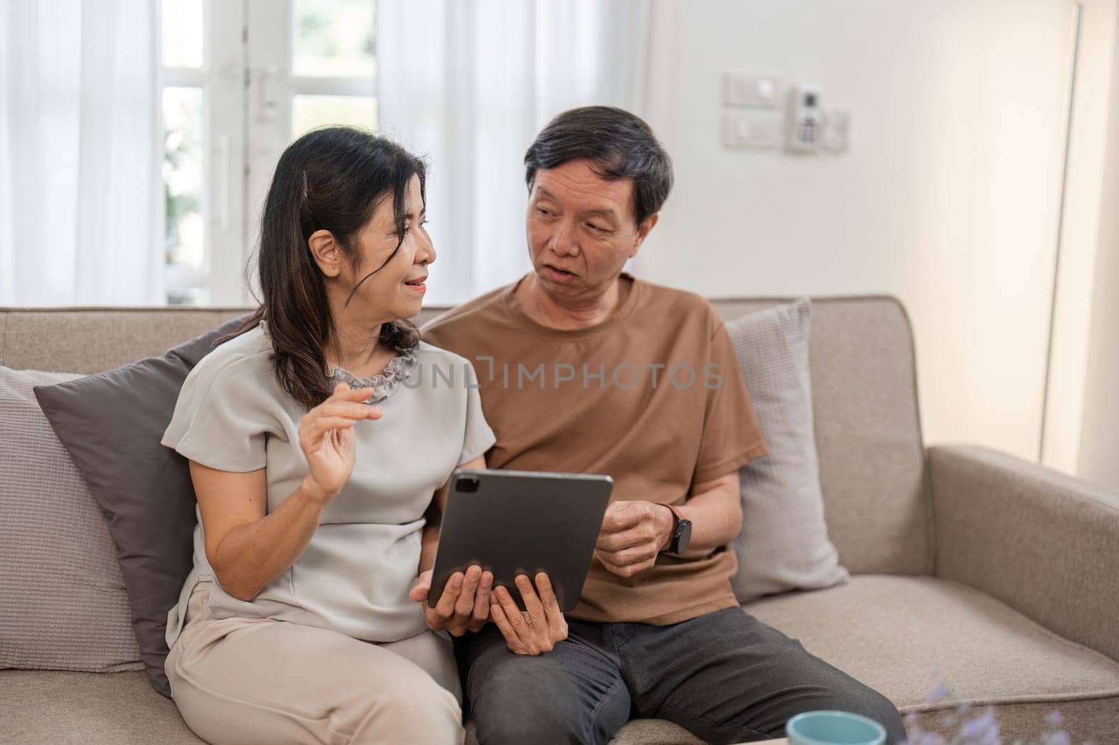 A retired couple relaxes in their living room, enjoying a comfortable and peaceful lifestyle with modern decor and cozy ambiance.