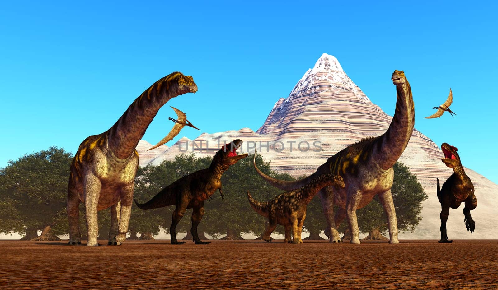 Two Tyrannotitan theropod dinosaurs attack Argentinosaurus sauropods trying to keep there offspring safe.