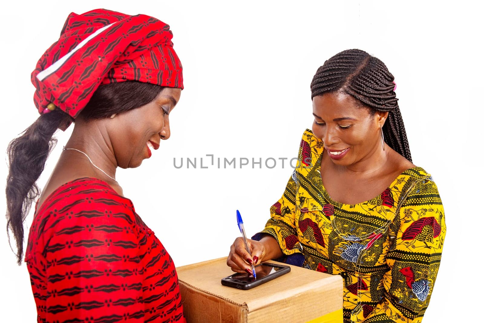 adult delivery service woman in red loincloth and female adult client applying digital mobile phone signature receiving mail box at office