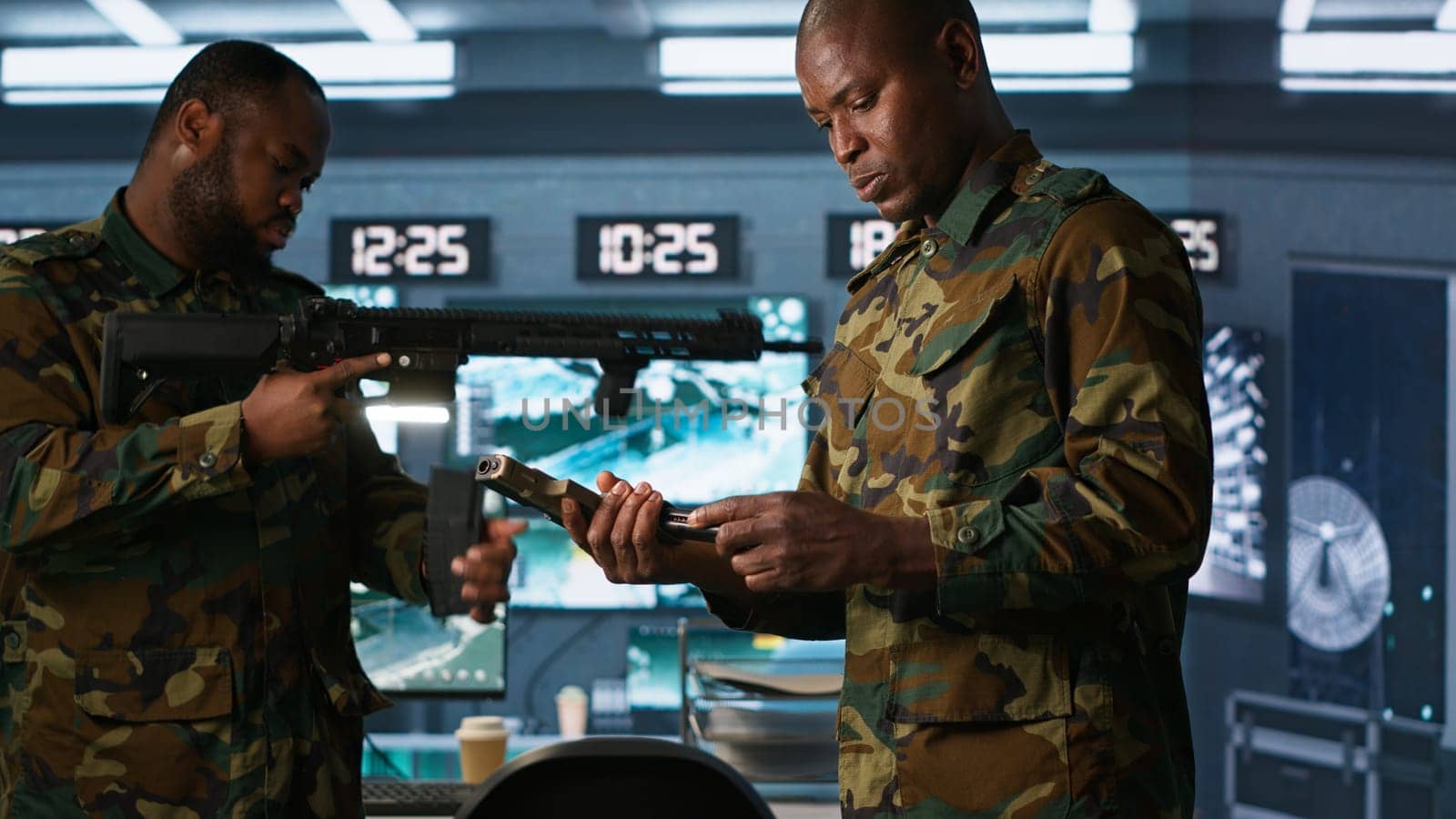 Operatives conducing special operation, loading pistol, preparing to attack enemy troops. Close up of military unit in command center packing handgun for assault mission, camera A