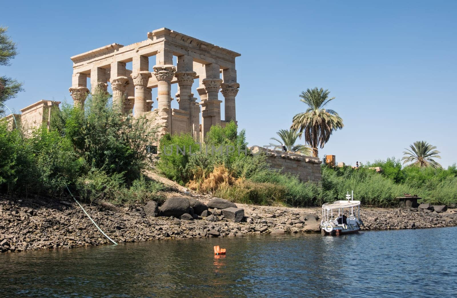 Trajans Kiosk or Pharoahs bed on an island in Aswan Harbor or Reservoir formed by the Low Dam on the Nile