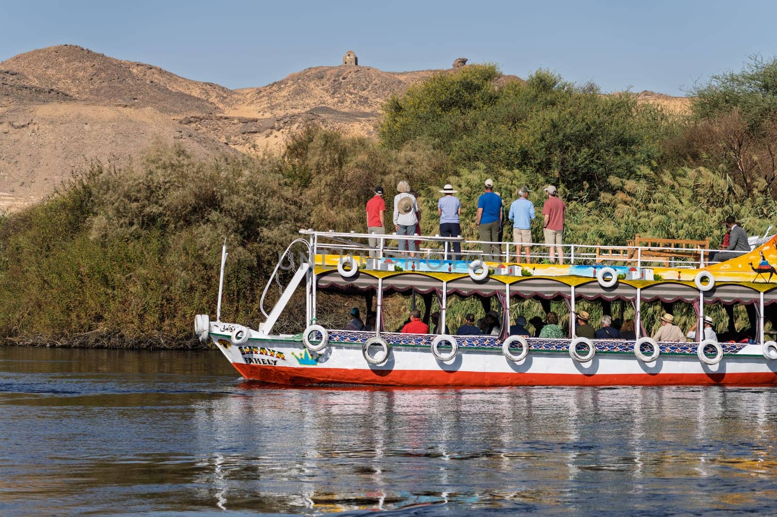 Aswan, Egypt - 5 November 2024: Scenic boat cruise on the Nile River near Aswan, Egypt, heading across the river for bird watching