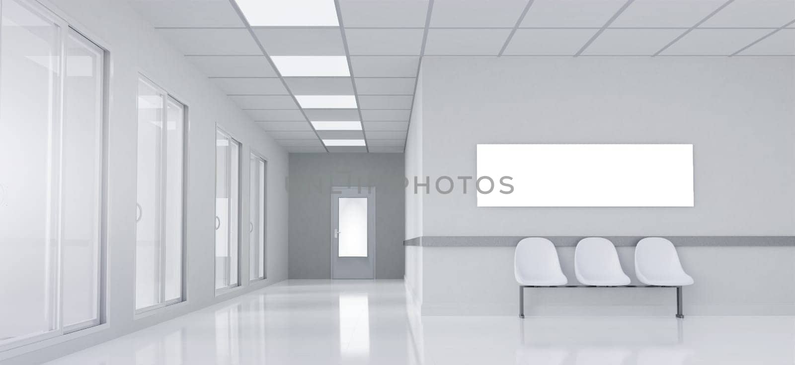 A bright and clean hospital hallway featuring minimalistic design and modern seating, perfect for medical-themed projects.