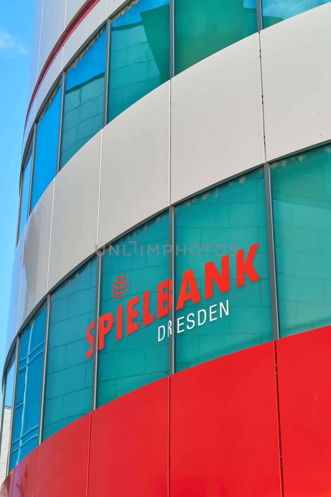 Dresden, Germany – January 17, 2025: Glass facade of the casino, Spielbank in the city center of Dresden in Germany