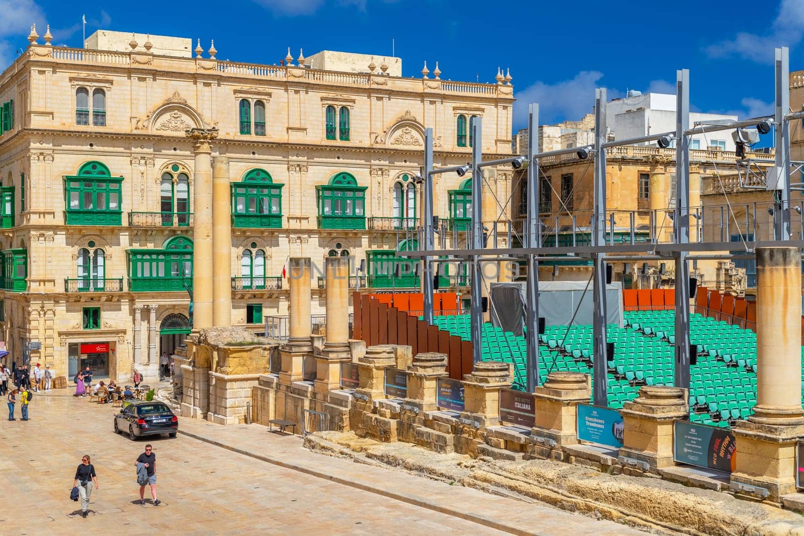 Valletta, Malta - April 2, 2025: View of the Royal Opera House Site and Palazzo Ferreria building