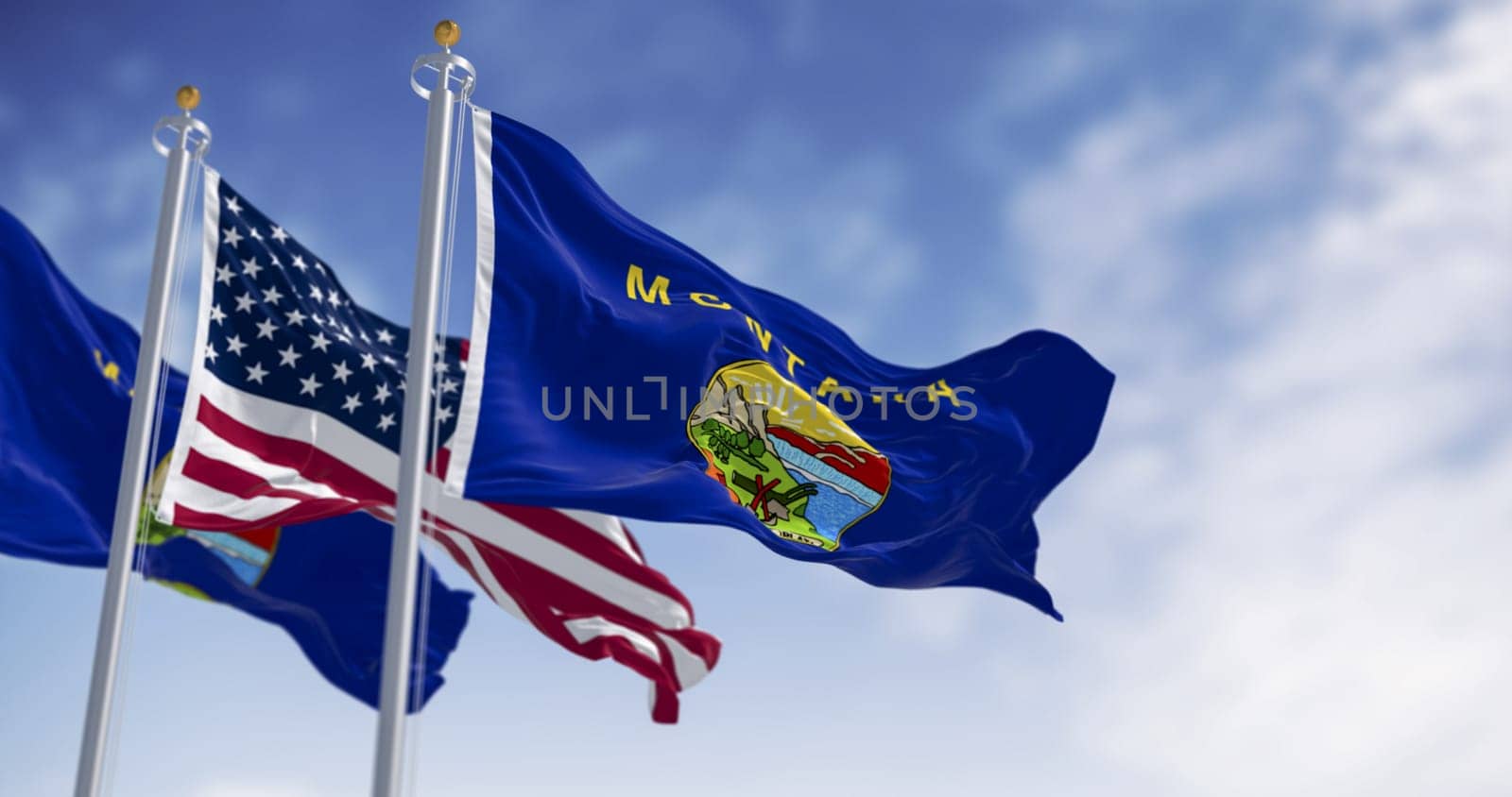 Montana state flag with coat of arms and American flag fluttering in the wind, symbolizing pride, freedom, and unity under a blue sky. Realistic 3D render with detailed fabric texture.