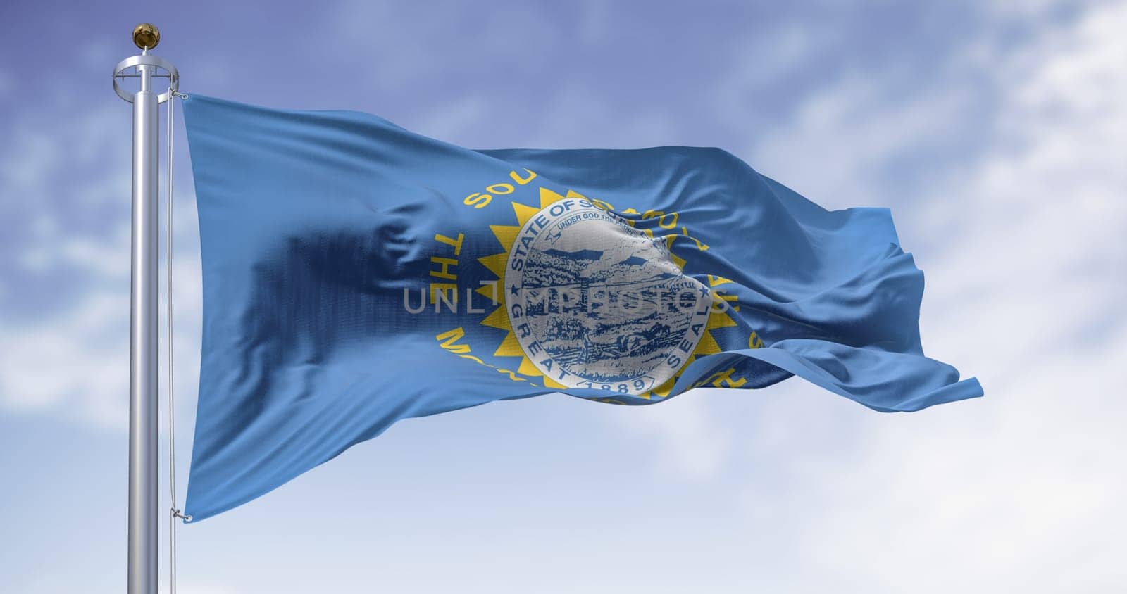 Close-up of the South Dakota flag with the state seal and sun rays, fluttering in the wind on a flagpole against a clear sky, symbolizing pride, unity, and freedom. 3D render.