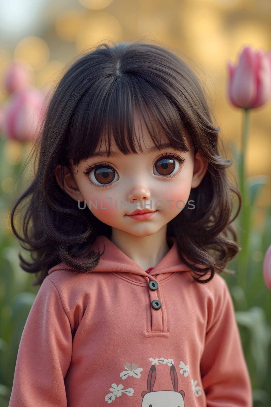 A young cartoon child stands among blooming tulips, wearing a pastel outfit, her expressive eyes reflecting the warm light of sunset. Anime illustration -Generative AI.