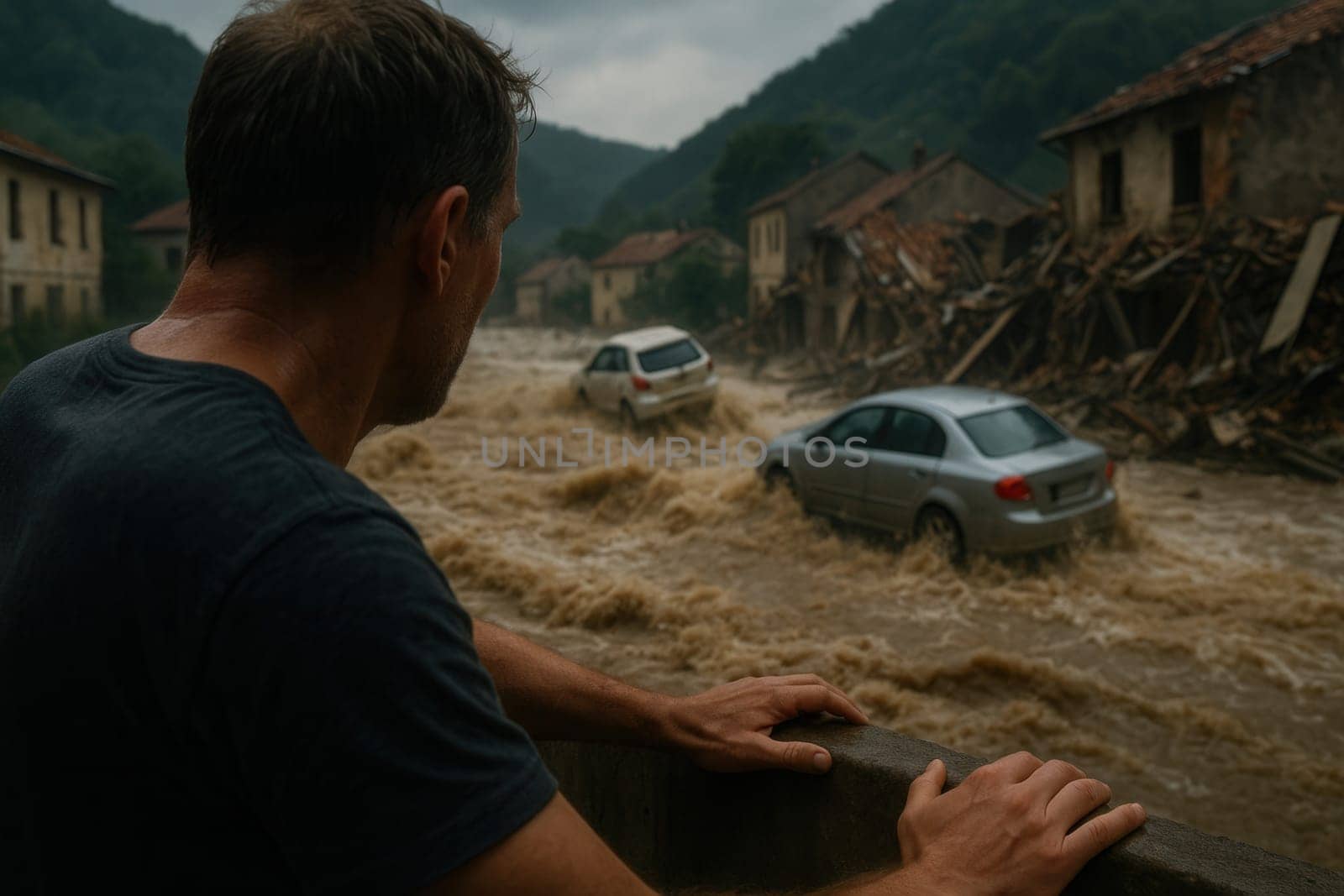 Man observing powerful flood waters carrying vehicles through a devastated town, highlighting a sense of urgency and crisis. Ideal for climate-change narratives and emergency preparedness content