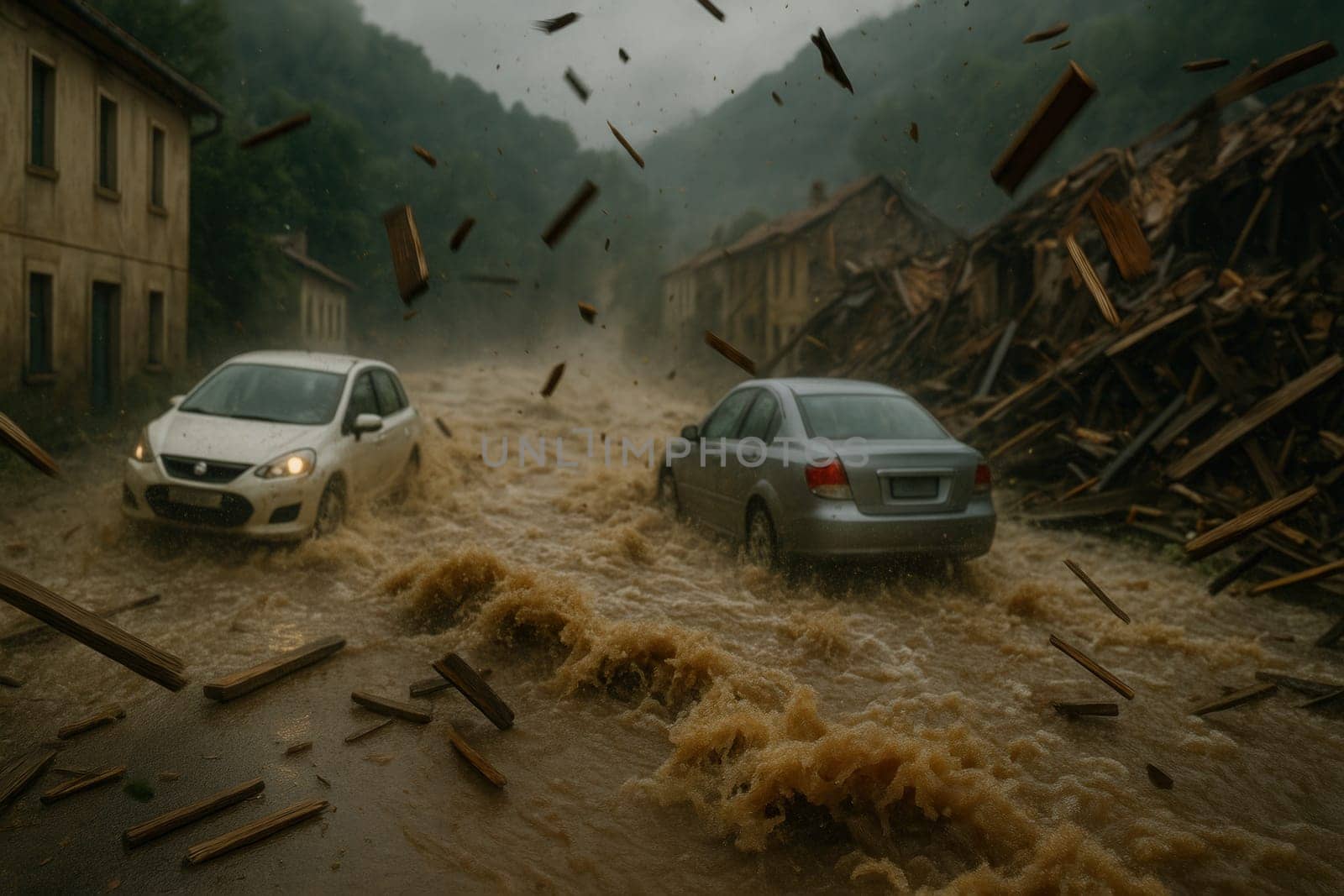 Chaotic scene of severe flooding carrying vehicles and flying debris through a ruined town. Ideal for climate change awareness, natural disaster coverage, or emergency preparedness content
